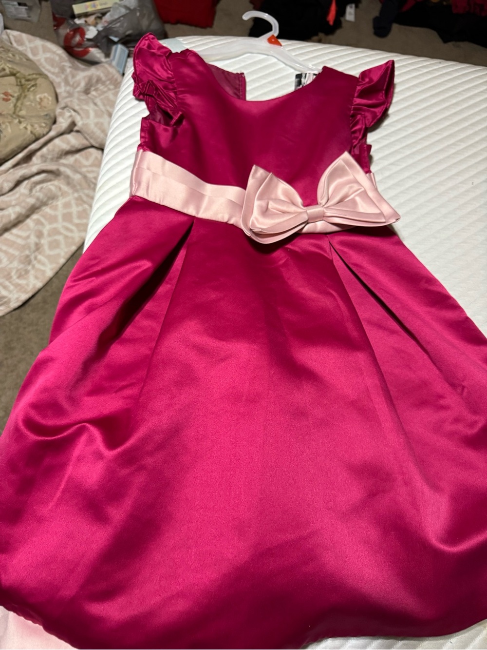 Rare Editions Fuchsia Satin Dress with Light Pink Bow
